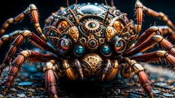 Hyper-detailed ultrasharp organic photorealistic features profile of a steampunk spider. Close-up, morbid fine arts, dark arts, macabre arts, 8k resolution, intricate detail, hyper-detailed, dynamic lighting, Todd McFarlane, trending on Artstation, epic, deep color, vibrant, beautiful, graffiti art, splash art, street art, spray paint, oil gouache melting, acrylic, high contrast, colorful polychromatic, ultra-detailed, ultra quality, CGSociety, filigree, black and crimson hour.