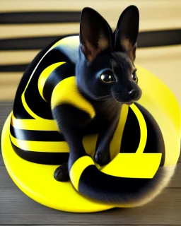 A black, round creature with long ears with yellow stripes and a long tail with a yellow stripe