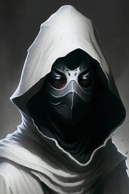 dungeons and dragons man wearing black robes and hood wearing a plain white mask with eyeholes