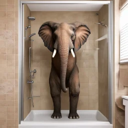 surreal photograph of a massive elephant uncomfortably contorted in a small stand-up shower in a suburban bathroom, elephant is too big and has to hunch over his head touching the ceiling and his bulk pushed up uncomfortably against the shower glass door