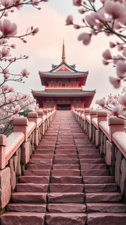foreground path of a stair to the top of beautiful Japanese temple on the hill pink glossy stone pastel, pink stones shades, magnolia branches, blurred background, fantasy world in pastel in light pink tones, beautiful clouds and minimalism fog