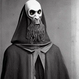 Nosferatu four yellow eyes with tentacle beard grey skin and vampire fangs as a Russian Orthodox bishop