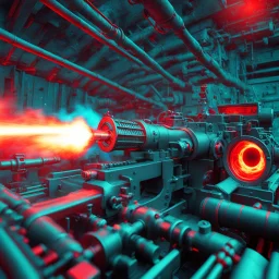 crazy psychedelic high res 3D anaglyph photo a view inside the cannon of a machine gun during ignition. Imagine the intensity of that moment. The raw power, the explosive force as the ignition sets off a symphony of destruction. The metal cannon glowing red hot, the bullets ready to unleash chaos. The flames, the heat, the adrenaline rushing through your veins. It's a dangerous beauty, a deadly dance. I must capture this moment with style, ensuring every detail is perfect. Every angle, every f