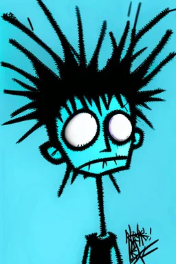 2d drawing of a stickman, cool with punk hair, x eyes like in hangman, just woke up, eyes are sleepy ,3d realistic in colour