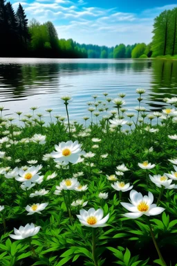 White Flowers by the lake all in white colors