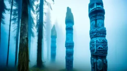 A cyan forest covered in thick fog designed in Pacific Northwest totem poles