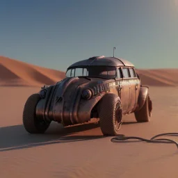 3d rendering. Steampunk futuristic car. Buried in desert sand. Lost in Time