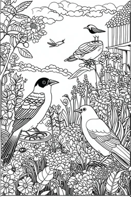 Outline art, birds in the garden, cartoon style, black and white, low detail, no shading, --ar 9:11