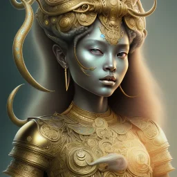 Sango fantasy, fantasy magic, intricate, sharp focus, illustration, highly detailed, digital painting, concept art, matte, art germ and Paul Lewin and Kehinde Wiley, masterpiece silver elephant head bronze Buddha Asian African girl nice breast Hawaiian hair turquoise golden waves