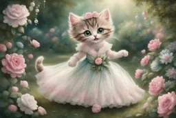 an anthropomorphic, kitten bride happily throwing a bouquet in a beautiful garden. The kitten has fluffy fur in shades of light brown and grey with distinct tabby markings on its face. Its large, expressive eyes are a deep emerald green and it has a small, pink nose. The kitten is wearing embroidered white lace bride dress, tulle, gemstones, pearls, adorning the hem and bodice. Behind her, a celebrating crowd, cats and people dressed in elegant clothes, wedding food and cake on the tables. Behin