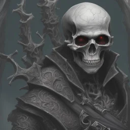 Evil Old human Necromancer in dark robes in a dark cave covered in darkness and bones with skeletons surrounding