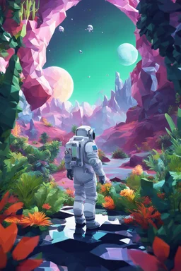 (((close midshot))), (((low poly art:2))), (astronaut), ultra detailed illustration of an environment on a dangerous:1.2 exotic planet with plants and wild (animals:1.5), (vast open world), astroneer inspired, highest quality, no lines, no outlines candid photography. by Lekrot