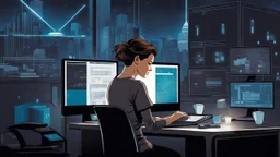 The image portrays a brown short hair woman sitting in front of her computer at night in t-shirt. She working in dark in a futuristic, hightech office. Pale lights, She appears to be focused on the task at hand. Her silhouette illuminated by the light of the monitor. There are multiple coffeecups on the desk, blur futuristic office background with pale light, realistic, deep colors, high detailed, sharp focus, perfect shot, professional photo