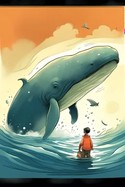 a kid doing a hand atand on a giant whale which ia swimming in the ocean. childrwns book illustration.