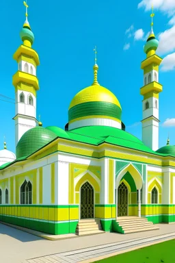 A big mosque with green and yellow and white walls