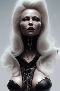 Pamela Anderson as evil queen in black leather, leather, busty, cleavage, angry, stern look. character design by cory loftis, fenghua zhong, ryohei hase, ismail inceoglu and ruan jia. unreal engine 5, artistic lighting, highly detailed, photorealistic, fantasy