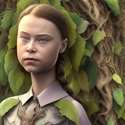  Greta Thunberg portrait olumetric leaves and gnarled branches environment and background, close-up full face portrait young girl, tattoo of leaves and gnarled branches extending past face and morphing into reality, 8k, high quality, anime, detailed eyes, intricate, digital art, detailed matte, volumetric lighting, illustration, octane render art, small minutiae, tiny features, particulars, hires, 8k, uhd, realistic shaded volumetric lighting, ambient occlusion, backlight, volumetric clouds, exa