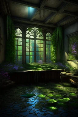 fantasy, gothic, vintage , fairy room ,open area without a wall,colorful petunia, lots of greenery, moss, ivy, morning light, near a stream, pond, blue wisteria, photorealistic painting, high detail, hyperdetalization, megarealism, surrealism, fractal, filigree, botanical fantastik, beautiful, aesthetically pleasing, saturated, exquisite, magically, gently, clear details