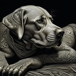 a black and white 3D image of a light brown labrador lying down, surreal and otherworldly, intricate linework, mind-bending composition, intricate patterns,masterful use of light and shadow,masterful use of light and shadow,masterful use of light and shadow, dreamlike quality, detailed linework akin to Moebius, intricate details, vibrant and contrasting colors, Artstation for showcasing.