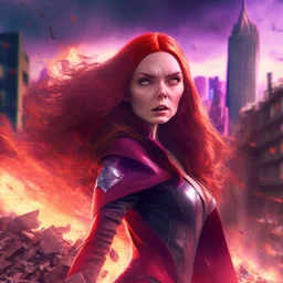 Wanda Maximoff, mulher, jovem, cabelos ruivos, olhos vermelhos, corpo inteiro, fundo cidade destruída, cores brilhantes, de lado destruindo algo com sua magia vermelha, traje da feiticeira escarlate, dramatico, 4k render, imagem cinematográfica. Cores frias, magia em suas mãos, magia vermelha claro