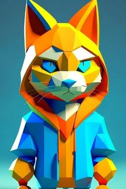 low poly with basic shapes playstation 1 chracter of a happy cat in a hoodie witha retro gam on the hoodie