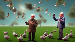 confused older man using cellphone telling the many ducks that surround him to "go away"