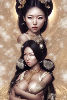 a wonderfull woman hitomi tanaka, full body, geisha fantasy, big curves, voluminous long black hair, ultradetailed fine art photo of a indian, weet face portrait, snow flakes parti