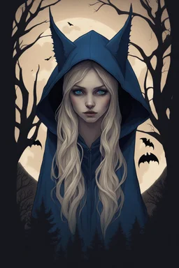 Very realistic dark and whimsical illustration, She has large, captivating eyes with bright blue irises and her face is framed by wavy blond hair. She wears a bright blue hooded cloak, under which bats are seen flying. The background is a haunting forest with tall, silhouetted trees, and a white moon casting its glow. he atmosphere is mysterious with elements of gothic fantasy with wolf in the background, by artgerm and rutkowski ,8k, UHD, magic fantasy