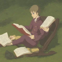 full body shot of calm elf in brown suit reading a pompous book, fantasy character art