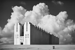 landscape ,minimal ,Photo with an old analog camera. Black and white. Part of a strange dream. white clouds wide plain The big building between them. like pink floyd pigs landscape ,Abandoned factory ,from a weird dream captured with the first model of dreamrecorder by gnom industries inc