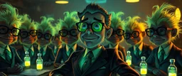 in the style of fallout 4, A close up portrait of one person in group of mutated and hairy glowing, cartoonish uranium creatures in a dimly lit boardroom, wearing tiny suits and glasses, with playful but slightly mischievous expressions. Their bodies emit a soft greenish glow. The room is filled with scattered papers, glowing vials, and miniature nuclear reactors. Style: whimsical digital illustration, cinematic lighting, colorful, slightly exaggerated features, playful yet mysterious atmosphere