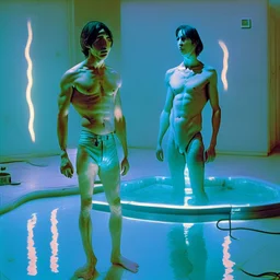 Justin long and his mus boyfriend are standing above thier pool showered spa heater while in tight loincloths and Nickolas is flexing there muscles while illuminated by the ambient teal glowing on the glowing marbled floor made of long flat marble slabs, the ground next to the clinical yard is in the style of primitive art. metalworking mastery, fawncore, the immaculately composed quality of this photo shows the artist was taken with provia, detailed wildlife, isaac grünewald, rustic simplicity