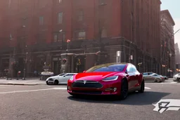 A Tesla 'Model Y' is parked, near the Flatiron Building in Manhattan. (CINEMATIC, WIDE ANGLE LENS, PHOTO REAL)