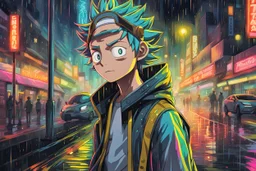 Morty in anime drawing style, close picture, rain, neon, intricate details, highly detailed, high details, detailed portrait, masterpiece,ultra detailed, ultra quality