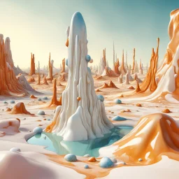 Bright, glittering, 3d, marble-like, surreal objects in a bright environment, desert, noon light, melting cream, Yves Tanguy style