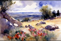 Sunny day, clouds, flowers, rocks, trees, distant mountains, spring, sci-fi, fantasy, john singer sargent watercolor paintings