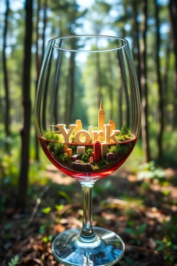 Create hyper-realistic photo of a wine glass in a wild forest. Inside, a miniature [New York] with landmarks. A trasparrent 3D text of [New York] blends naturally into the landscape . Soft bright daylight, reflections, and subtle imperfections like fingerprints. DSLR quality, sharp focus.