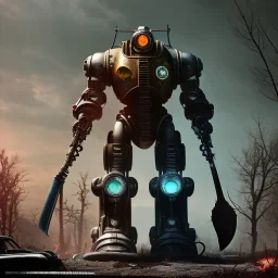 fallout 4 character, robot with axe on roller skies in the streets of cyberpunk city filling up car, gaz station, unreal, spray paint, clay, vox model