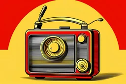 cartoon-looking blackish-red colored vintage radio has an antenna sticking out from the top of it. a soft yellow dominates the entire background of the photo.