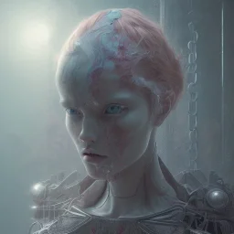 electonic prison, emaciated red-haired woman chained to the stair,hyper-detailed,sci- fi style, a highly detailed CG render, pink and gray complementary colours,masterpiece, by Akihiko Yoshida,Ora Ito