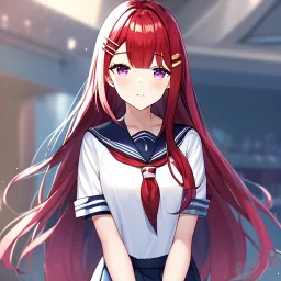 Clear focus,High resolution,High quality,((Sailor Uniform)) Black long hair, Purple eyes, ((Red hair clip))