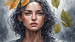 Draw a portrait of a beautiful woman, rain, man leaves
