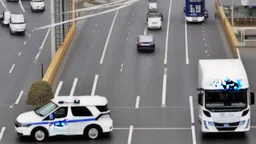A police Tesla Cybertruck is chasing a Tesla 'Model S Plaid' at top speed, across the 'Nagashima Spa Land', in Kuwana, in Japan.