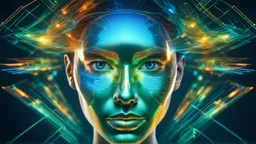 Holographic Virtual Reality Face Beauty, Double Exposure, Clear Lines, Blue, Green, Gold, Orange, 64K, High Definition,