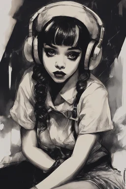 Poster in two gradually, a one side the Singer Melanie Martinez face, full body, sit pose, painting by Yoji Shinkawa, darkblue and sepia tones,sinister, detailed iridescent, metallic, translucent, dramatic lighting, hyper futuristic, digital art, shot with Sony Alpha a9 Il and Sony FE 200-600mm f/5.6-6.3 G OSS lens, natural light, hyper realistic photograph, ultra detailed -ar 3:2 -q 2 -s 750,malevolent goth vampire girl face and other side