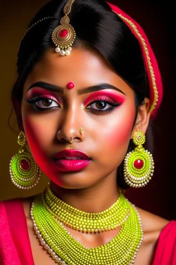 An Indian woman with bridal makeup