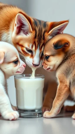 4 small puppies drinking milk from a cat