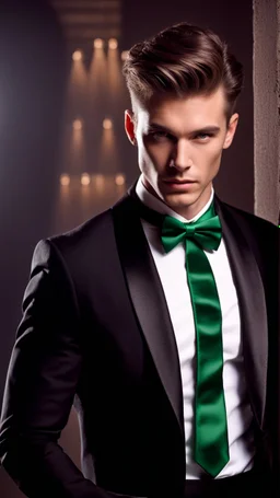 Handsome male model aged 20 hair cut short at the sides and longer on top wearing a tuxedo with a green cumberband and bow tie. Hyperrealistic 4k dark fantasy