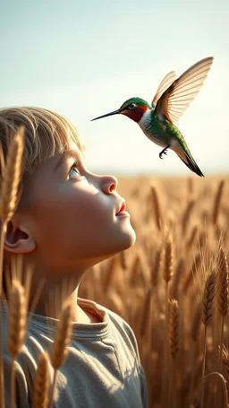 Extremely realistic photo of young boy ,looking up at a colourful hummingbird standing among big fields of barley in sunny day, (Rembrandt Lighting), zeiss lens, ultra realistic, (high detailed skin:1.2), 8k uhd, dslr, Dramatic Rim light, high quality, Fujifilm XT3, artwork in pale distressed tones , minimalistic approach, blends old world aesthetics art with elements of distressed painting and illustration, shadow play, high conceptuality, palette inspired by Charlene Mc Nally, Carne