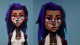 She's diminutive, with brown skin, short black dreadlocks hair. She has indigo blue eyes. She wore a long blue cape over a white dress.